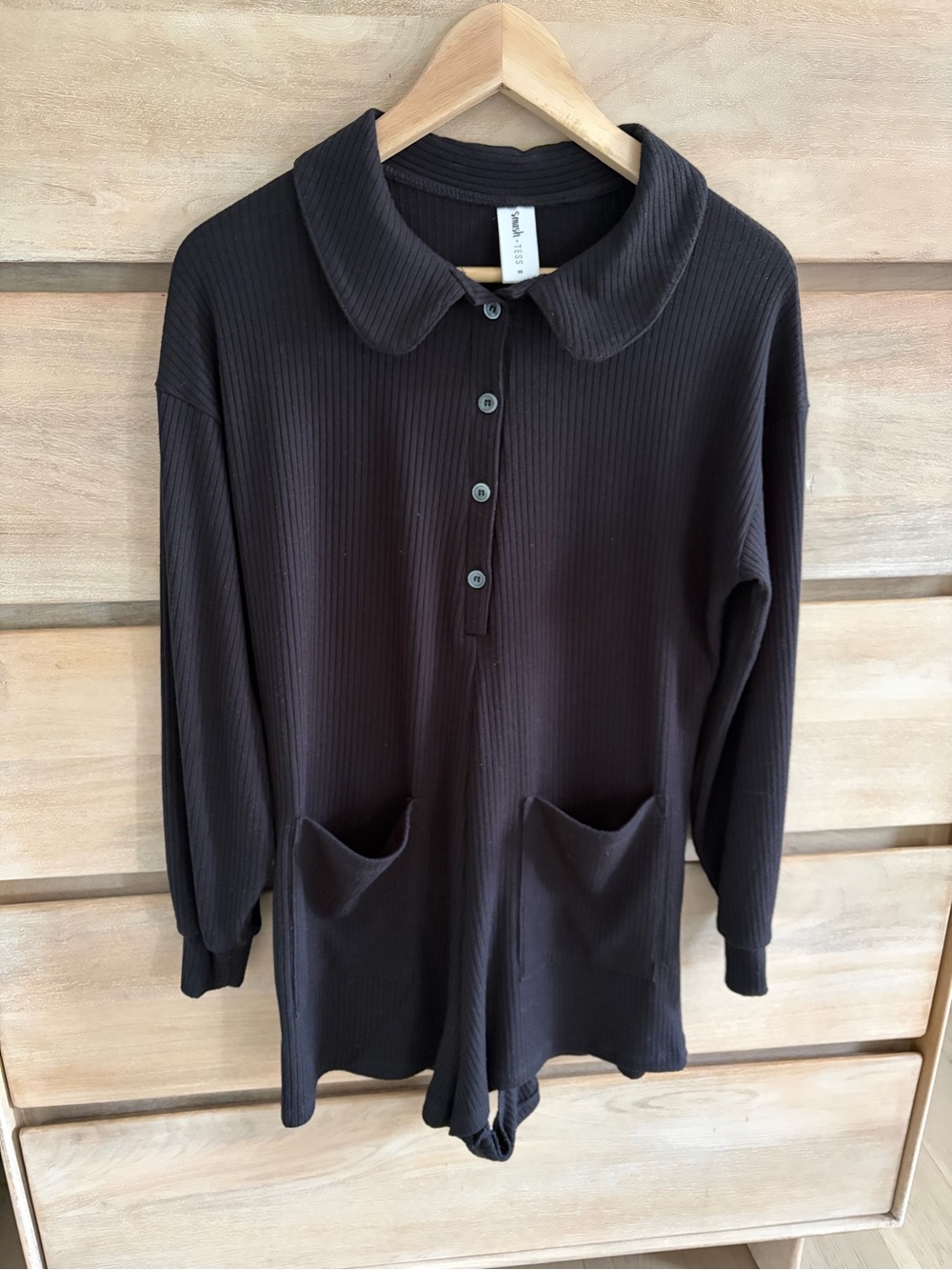 JH x Smash + Tess Black Ribbed Long-Sleeve Romper with Pockets
